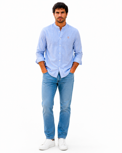 Camisa hombre manga larga cuello mao rayas celeste