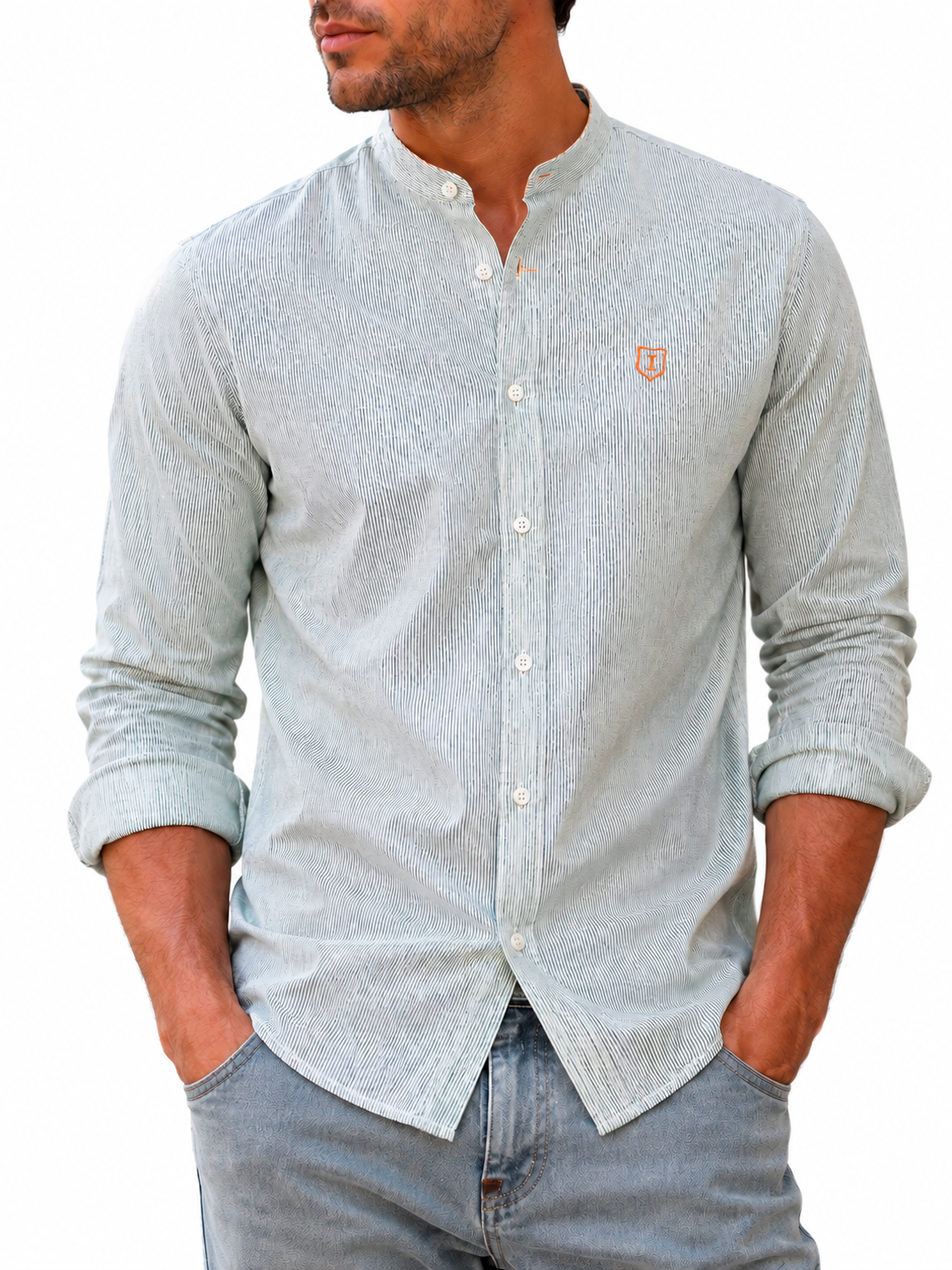 Camisa hombre manga larga cuello mao rayas verde