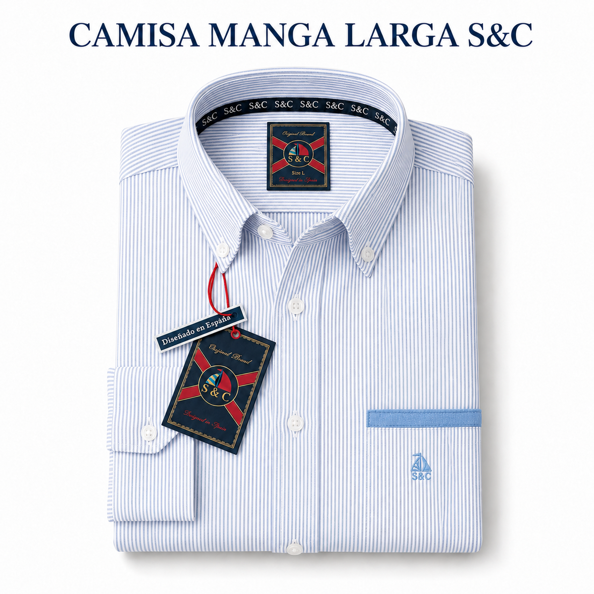 Camisa hombre manga larga Rayas Celeste