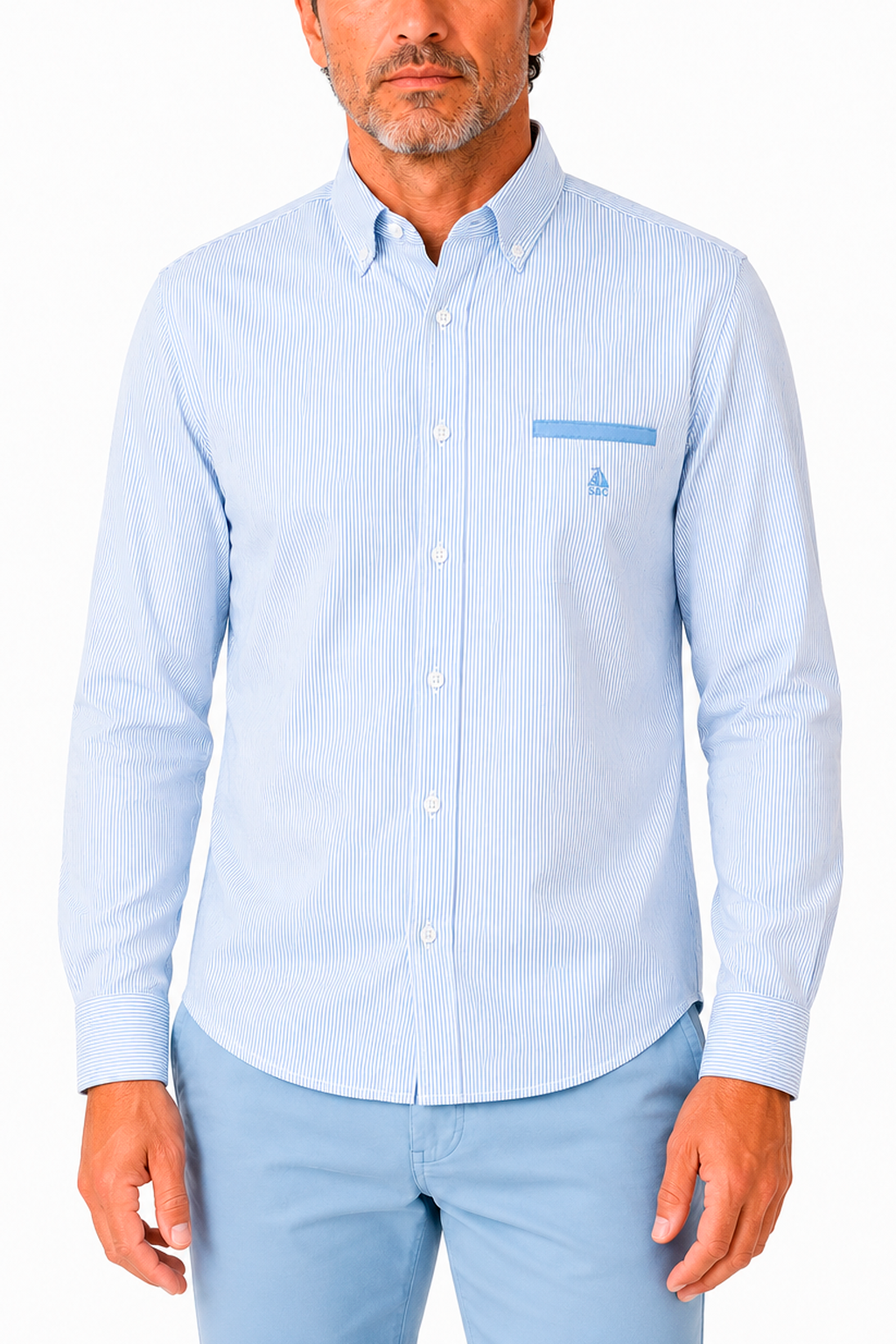 Camisa hombre manga larga Rayas Celeste