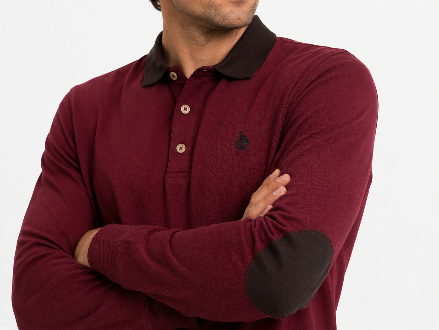Polo Oporto manga larga con coderas burdeos y marrón ante