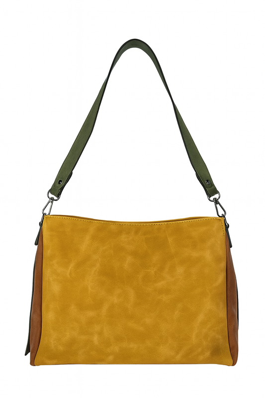 Bolso bandolera mostaza con detalles marrones y asa verde