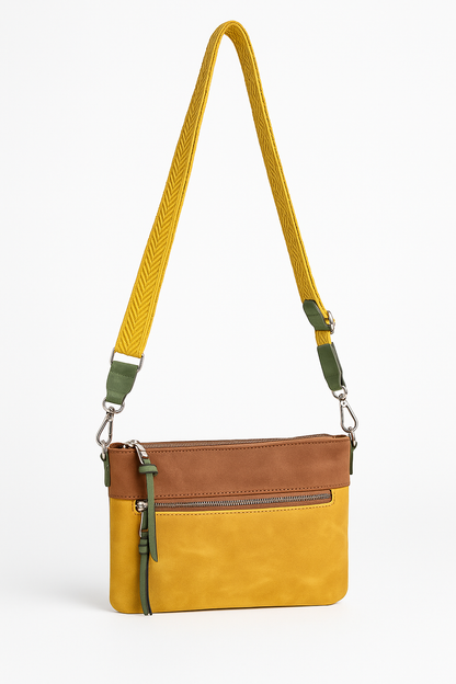Bolso bandolera mostaza y marrón con cremallera y correa mostaza