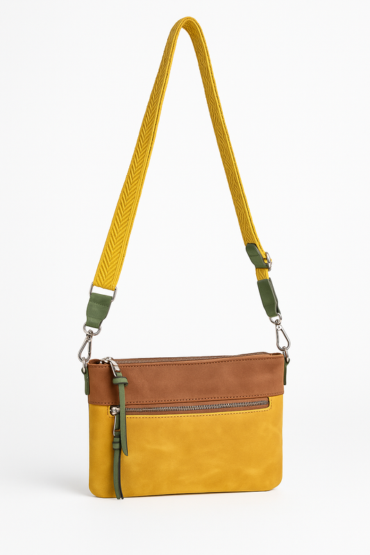Bolso bandolera mostaza y marrón con cremallera y correa mostaza