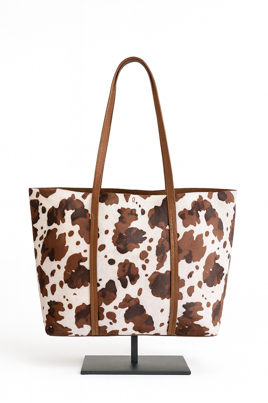 Bolso shopper estampado animal print vaca en marrón y rosa