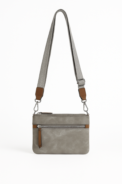 Bolso Bandolera Gris con Cremallera y Correa Ancha de Tela