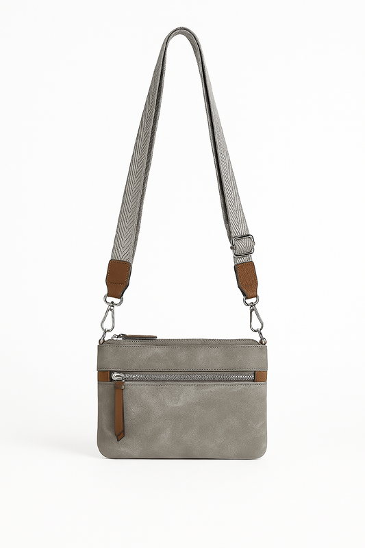 Bolso Bandolera Gris con Cremallera y Correa Ancha de Tela