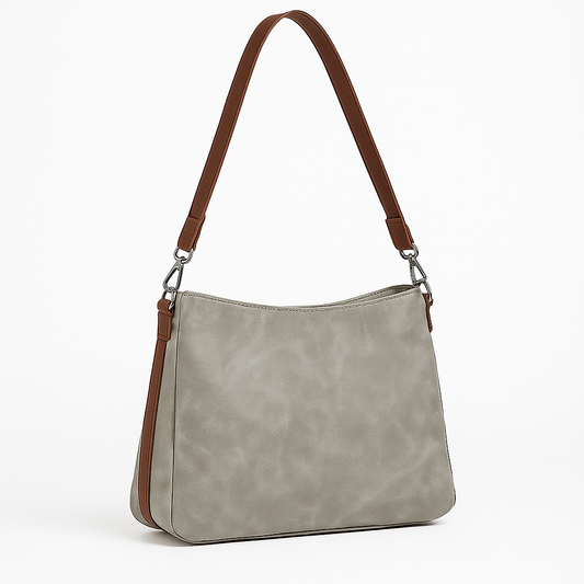 Bolso Bandolera Grande Gris con Detalles Marrones
