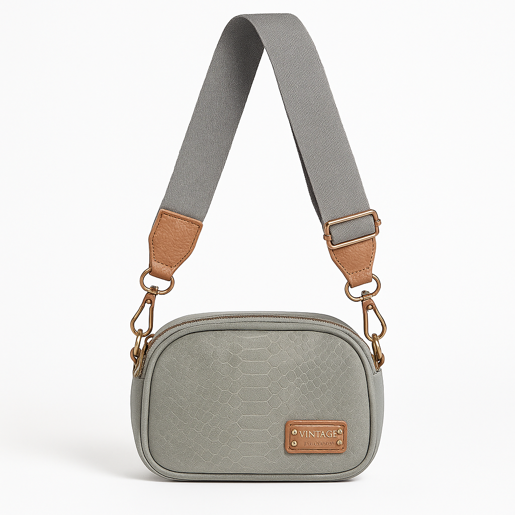 Bolso Bandolera Pequeño Gris con Textura y Correa Ancha Ajustable