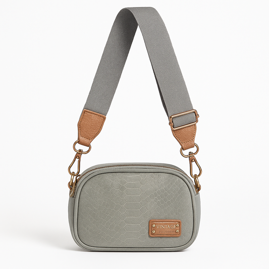 Bolso Bandolera Pequeño Gris con Textura y Correa Ancha Ajustable