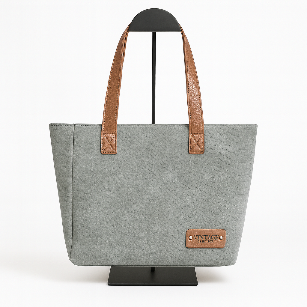 Bolso Shopper Gris con Textura y Asas Marrones