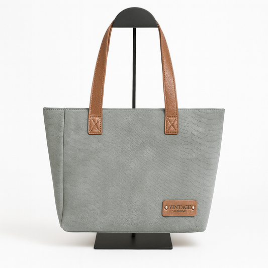 Bolso Shopper Gris con Textura y Asas Marrones