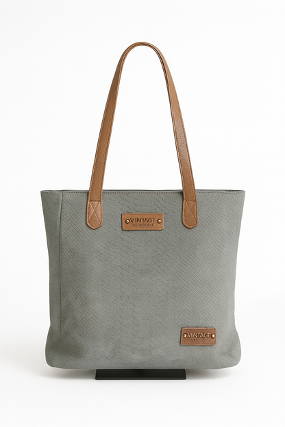 Bolso Shopper Grande Gris con Textura y Asas Marrones