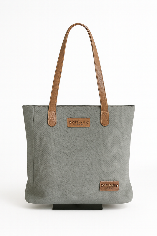 Bolso Shopper Grande Gris con Textura y Asas Marrones