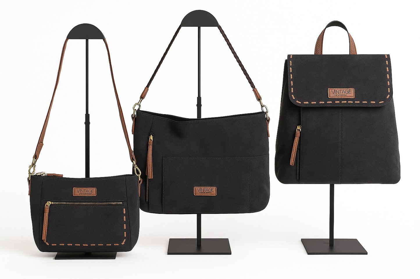 Bolso negro con bolsillo frontal y asa trenzada