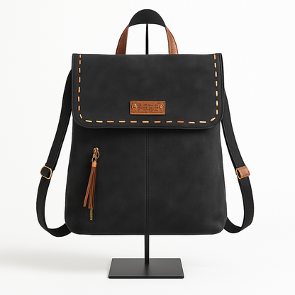 Mochila Negra con Solapa y Detalles en Marrón