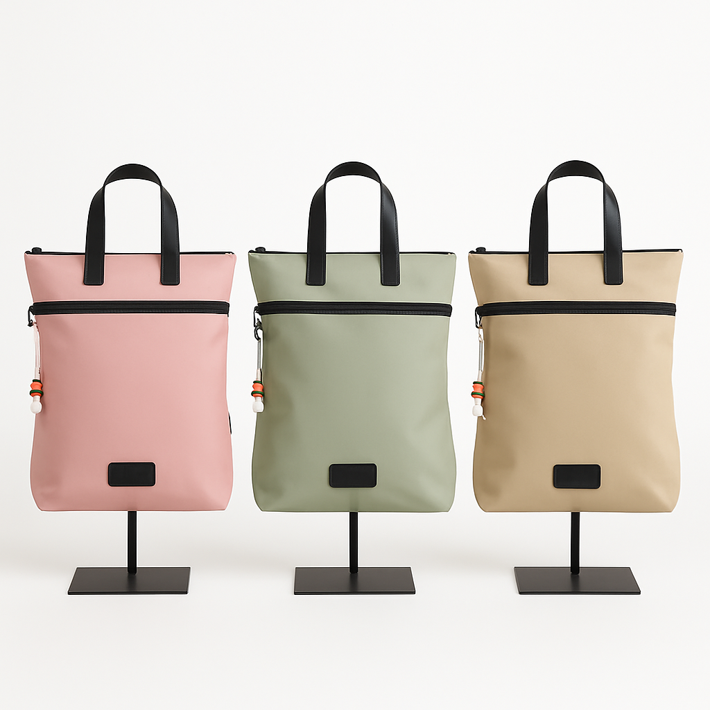 Mochila beige con cremallera frontal y asas negras
