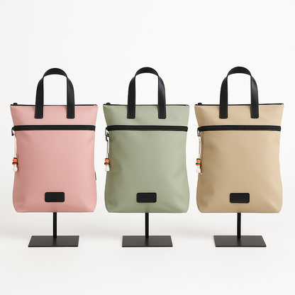 Mochila beige con cremallera frontal y asas negras