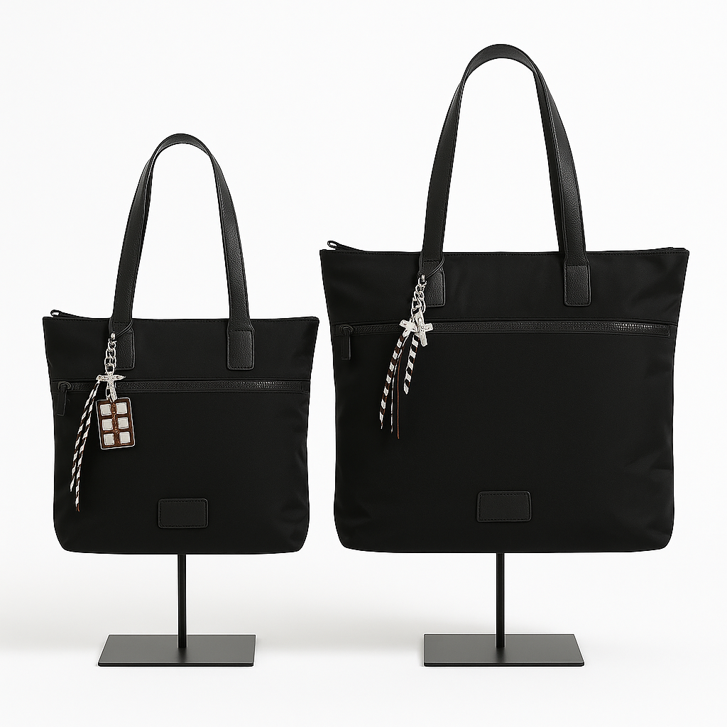 Bolso Shopper Negro Grande con Asas Negras y Llavero Decorativo