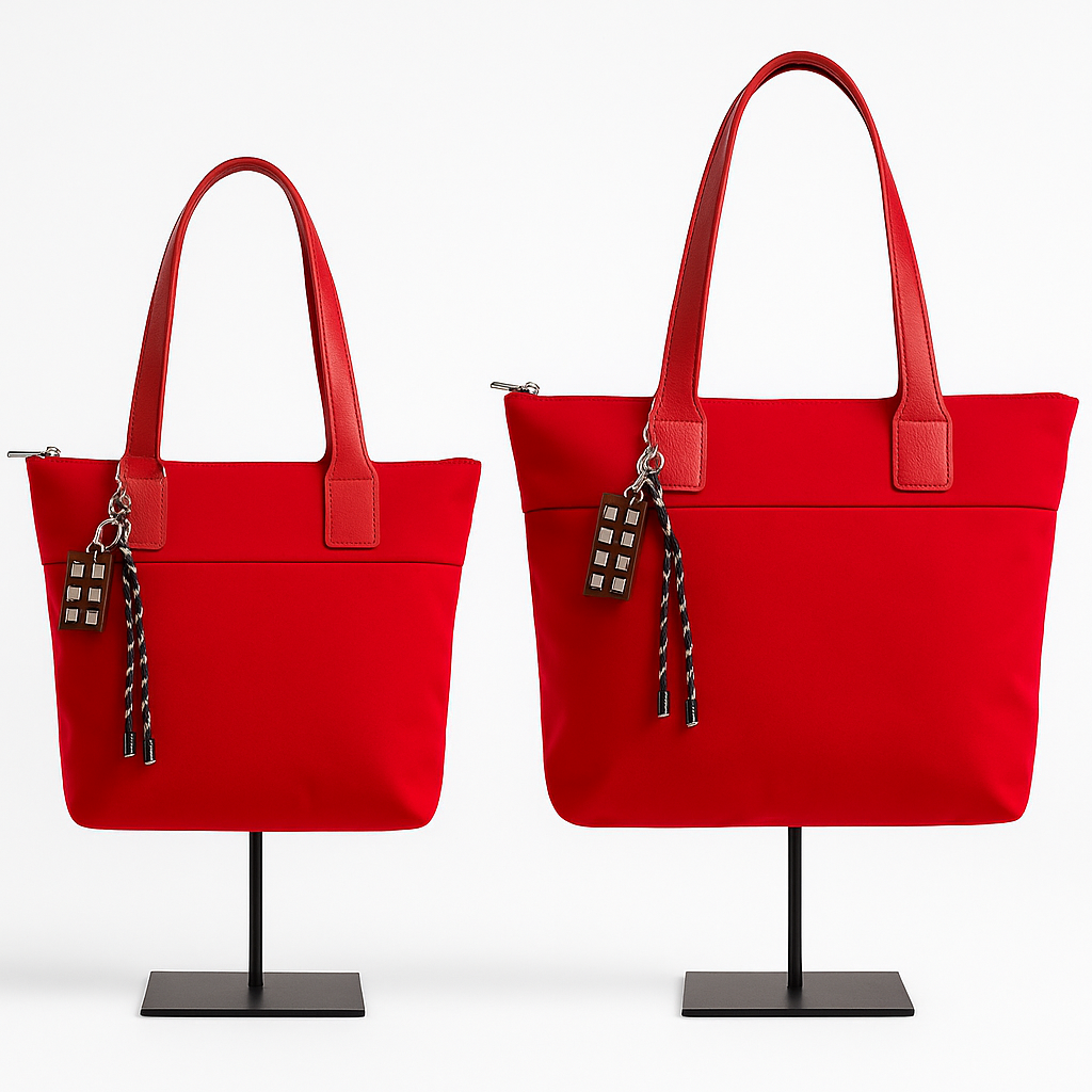 Bolso shopper rojo pequeño con asas rojas y llavero decorativo