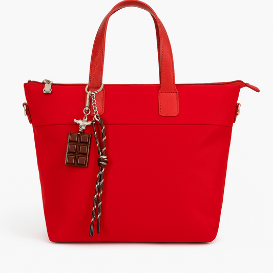 Bolso shopper rojo grande con asas rojas y llavero decorativo