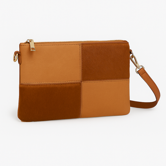 Bolso bandolera patchwork en tonos marrones efecto pelo y ante