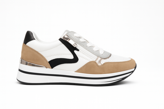 Deportivas camel blanco y negro detalle cremallera