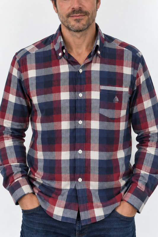 Camisa hombre manga larga CC cuadros granates y azules