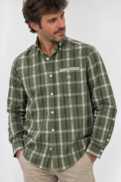 Camisa hombre manga larga CC cuadros verde y beige