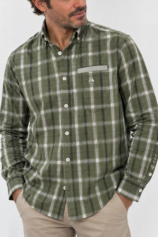 Camisa hombre manga larga CC cuadros verde y beige