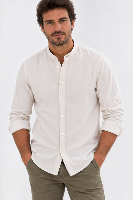 Camisa hombre manga larga cuello mao liso blanco