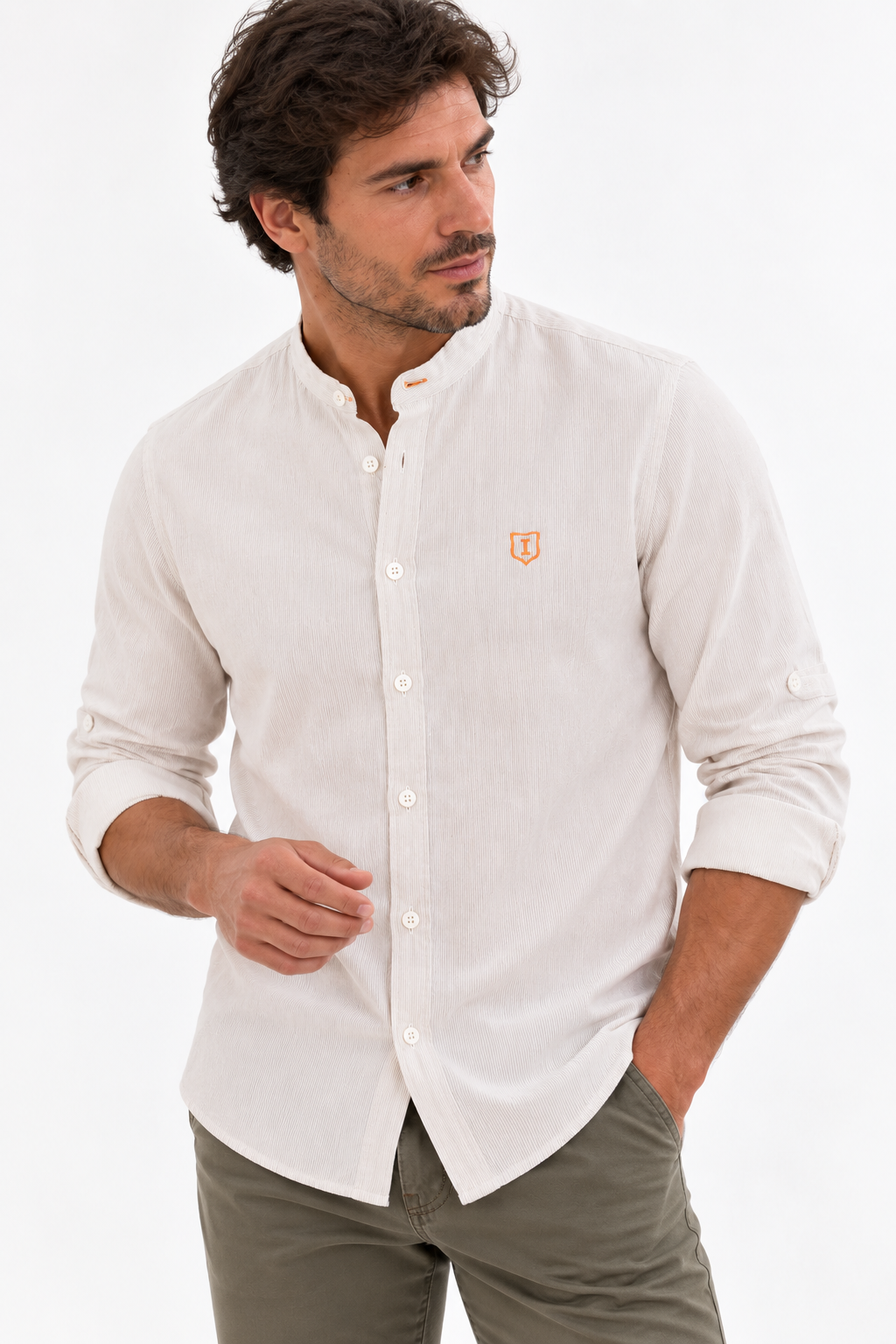 Camisa hombre manga larga cuello mao rayas beige
