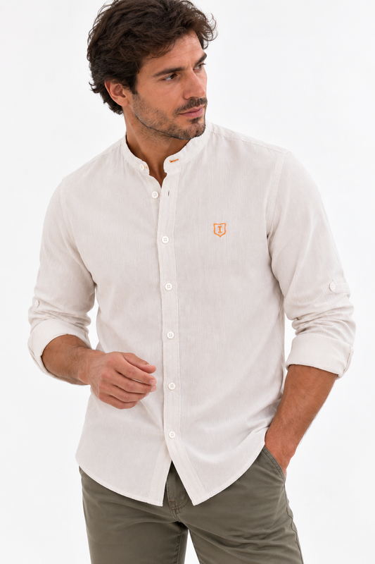Camisa hombre manga larga cuello mao rayas beige