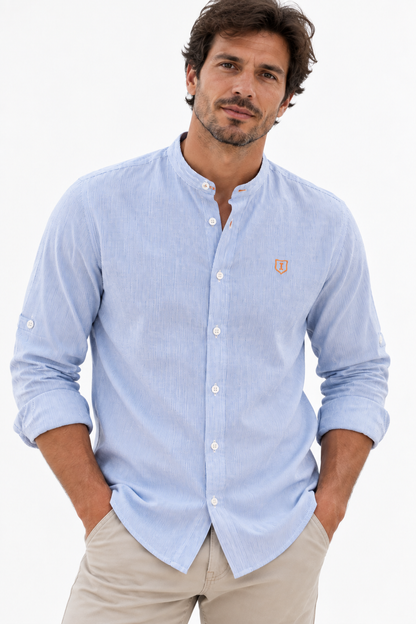 Camisa hombre manga larga cuello mao rayas celeste