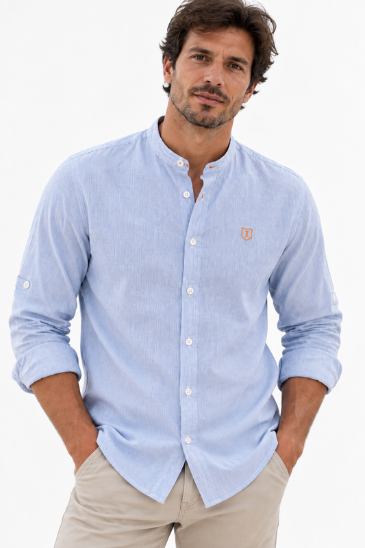 Camisa hombre manga larga cuello mao rayas celeste