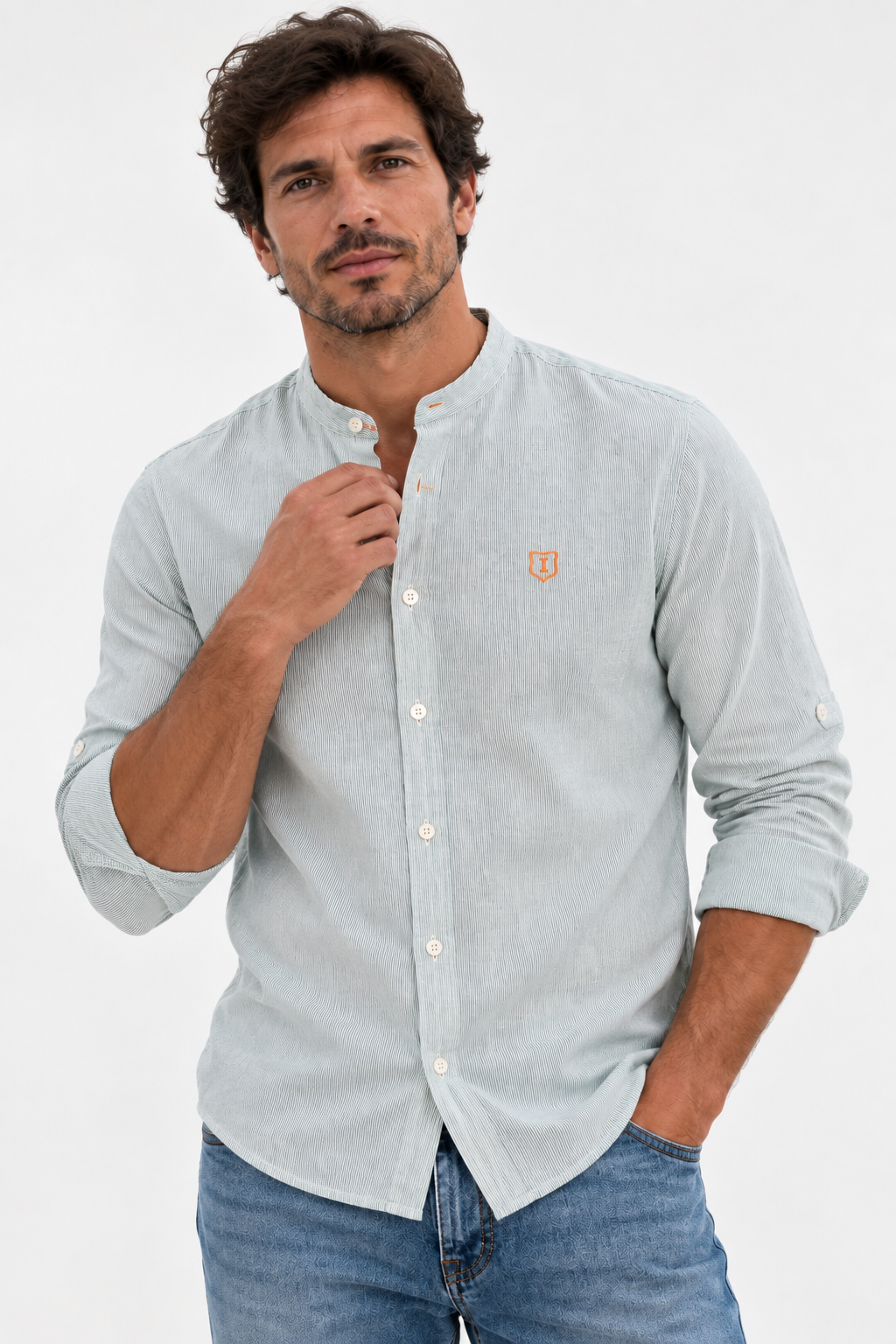Camisa hombre manga larga cuello mao rayas verde