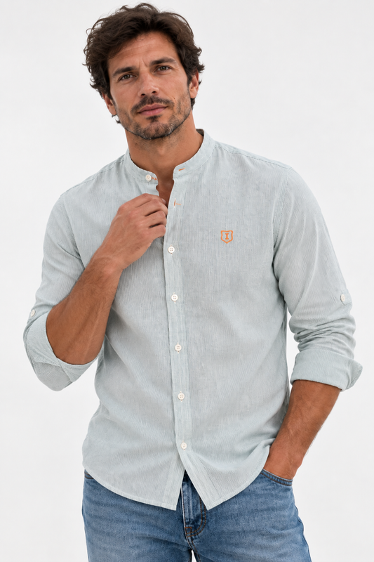 Camisa hombre manga larga cuello mao rayas verde