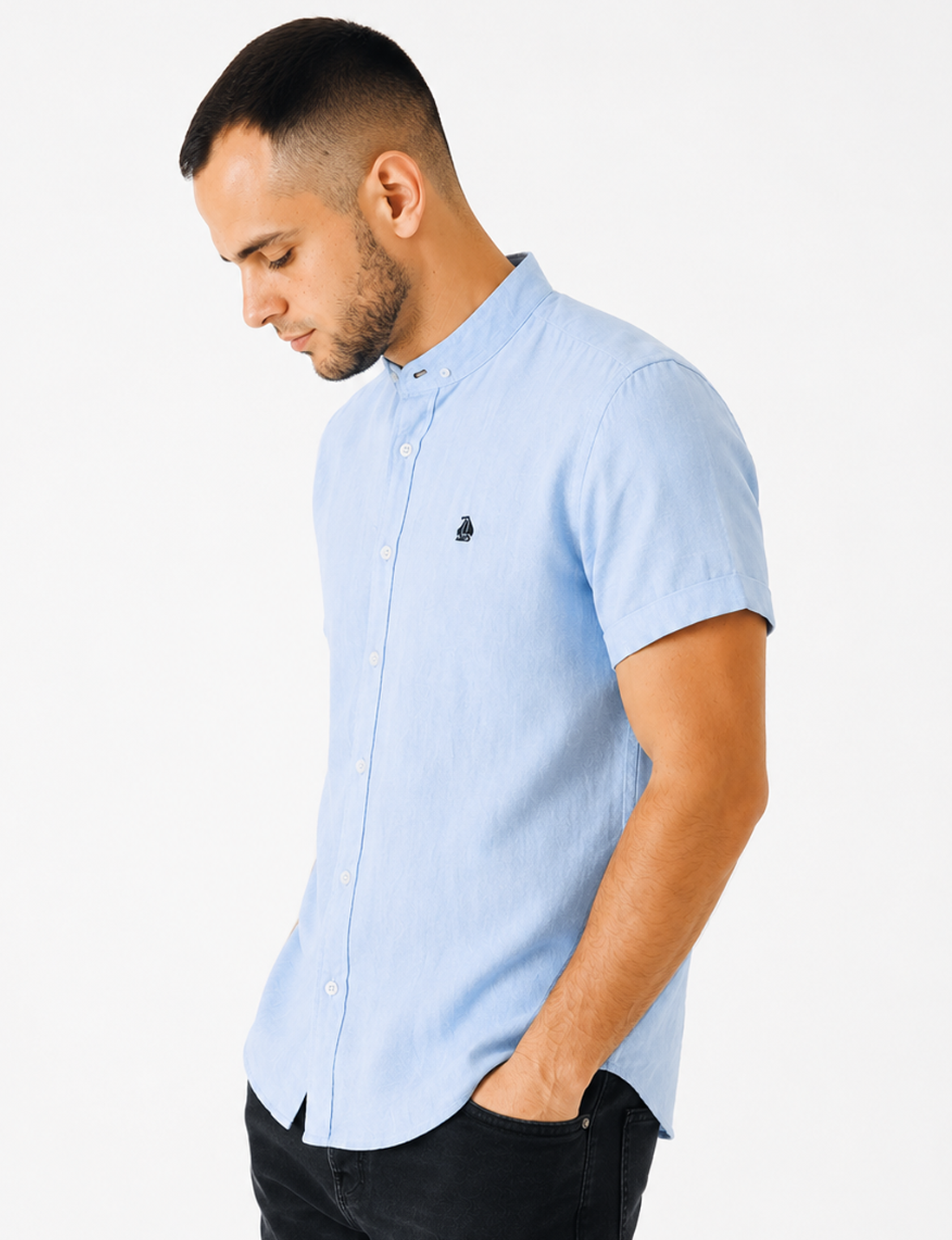 Camisa cuello mao manga corta Celeste