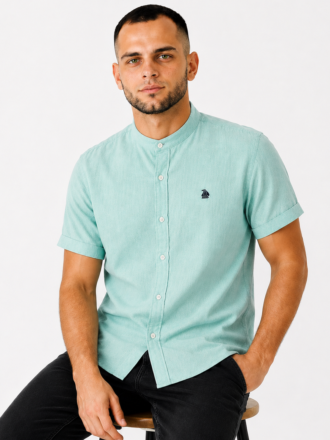 Camisa cuello mao manga corta Verde Agua
