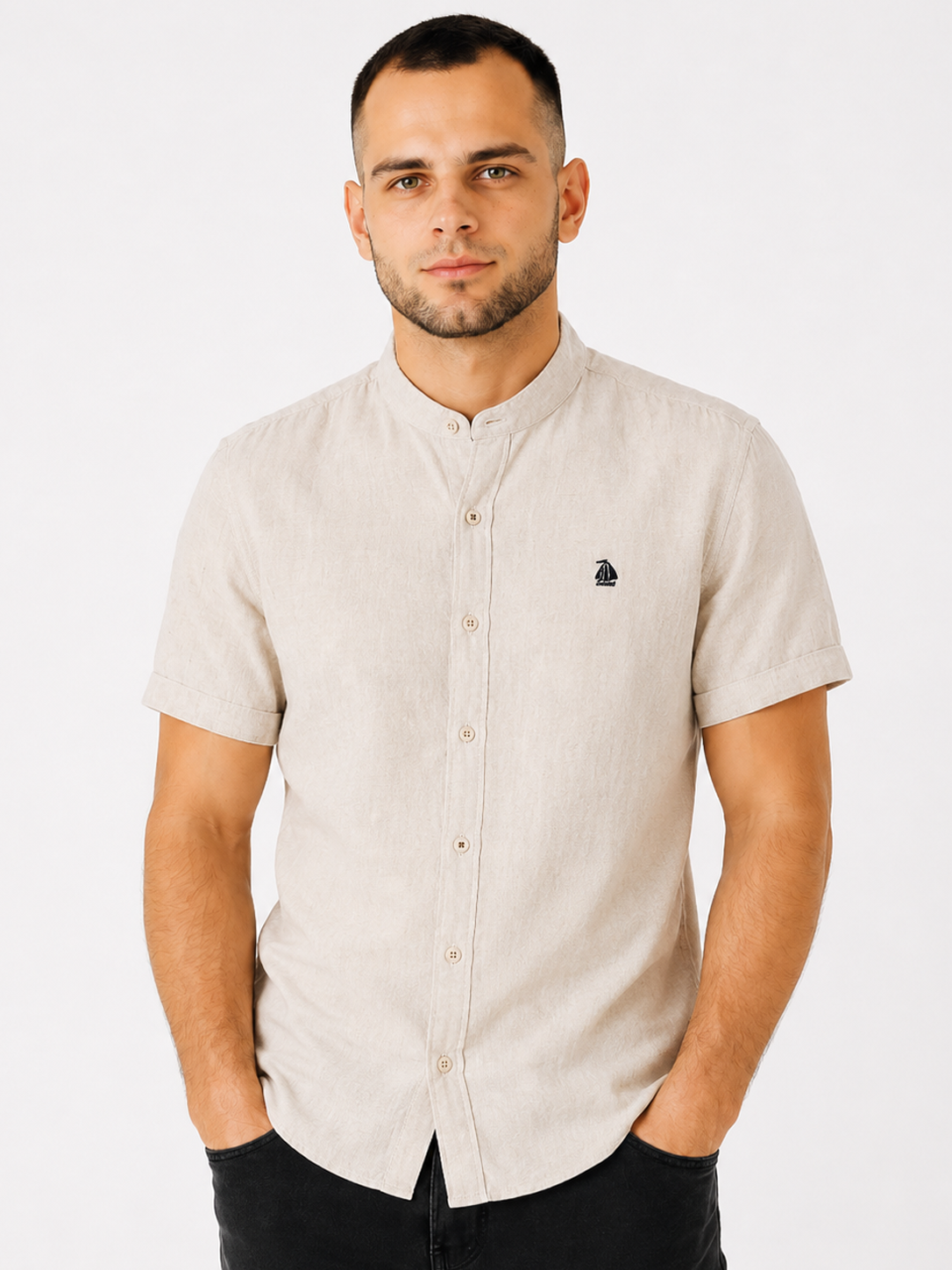Camisa cuello mao manga corta Beige
