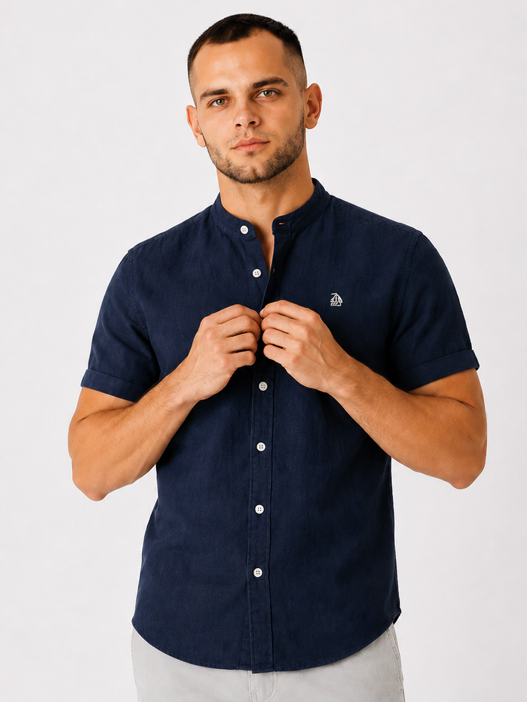 Camisa cuello mao manga corta Marino