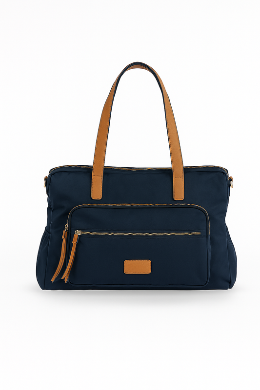 Bolso shopper azul marino con bolsillo frontal y asas marrones