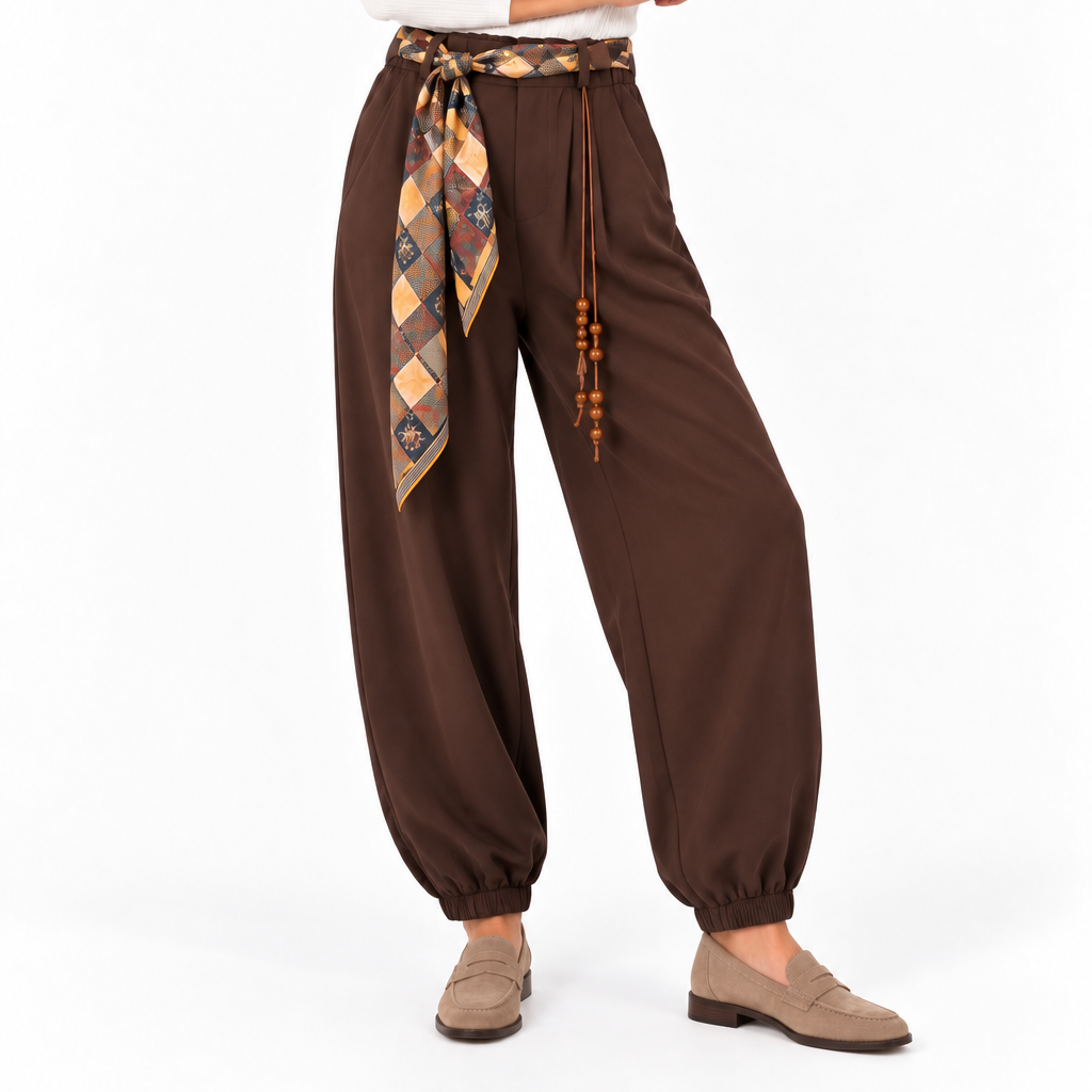 Pantalón bombacho marrón con pañuelo