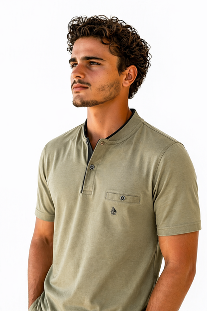 Polo Cuello Mao punto liso Verde Kaki