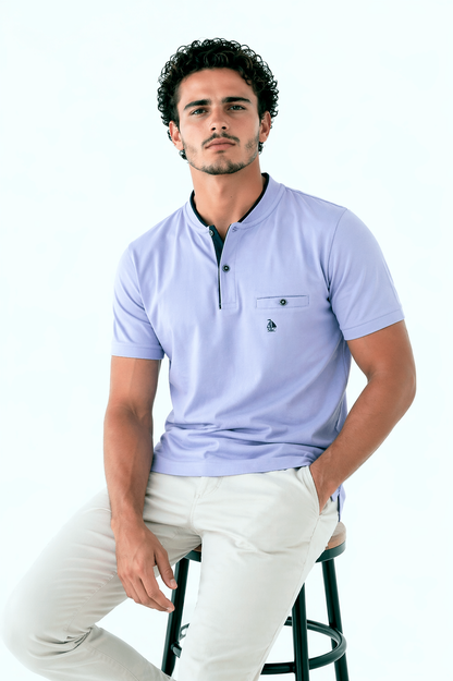 Polo Cuello Mao punto liso Azul Celeste
