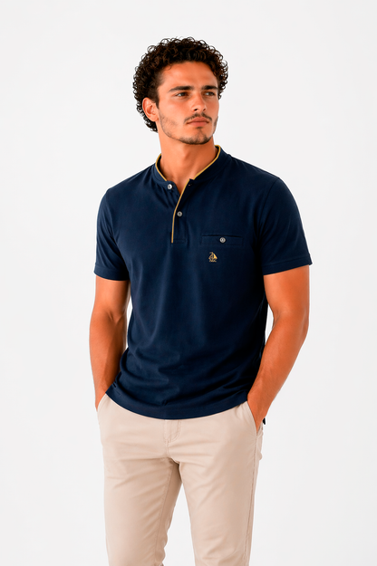 Polo Cuello Mao punto liso Azul Marino
