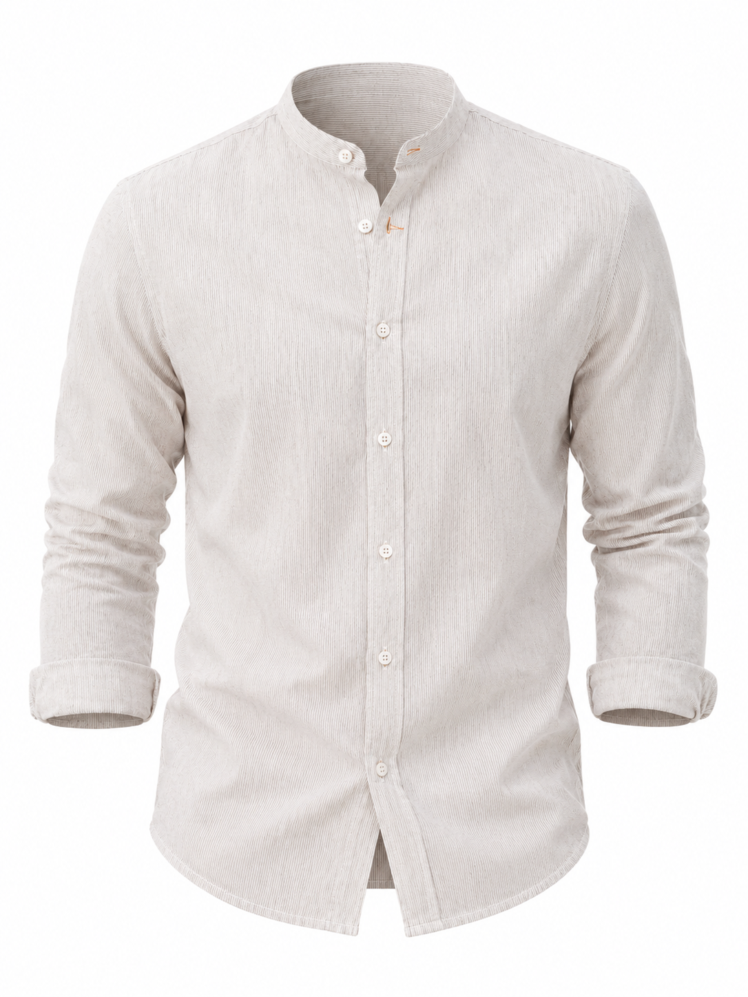 Camisa hombre manga larga cuello mao rayas beige
