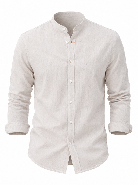 Camisa hombre manga larga cuello mao rayas beige