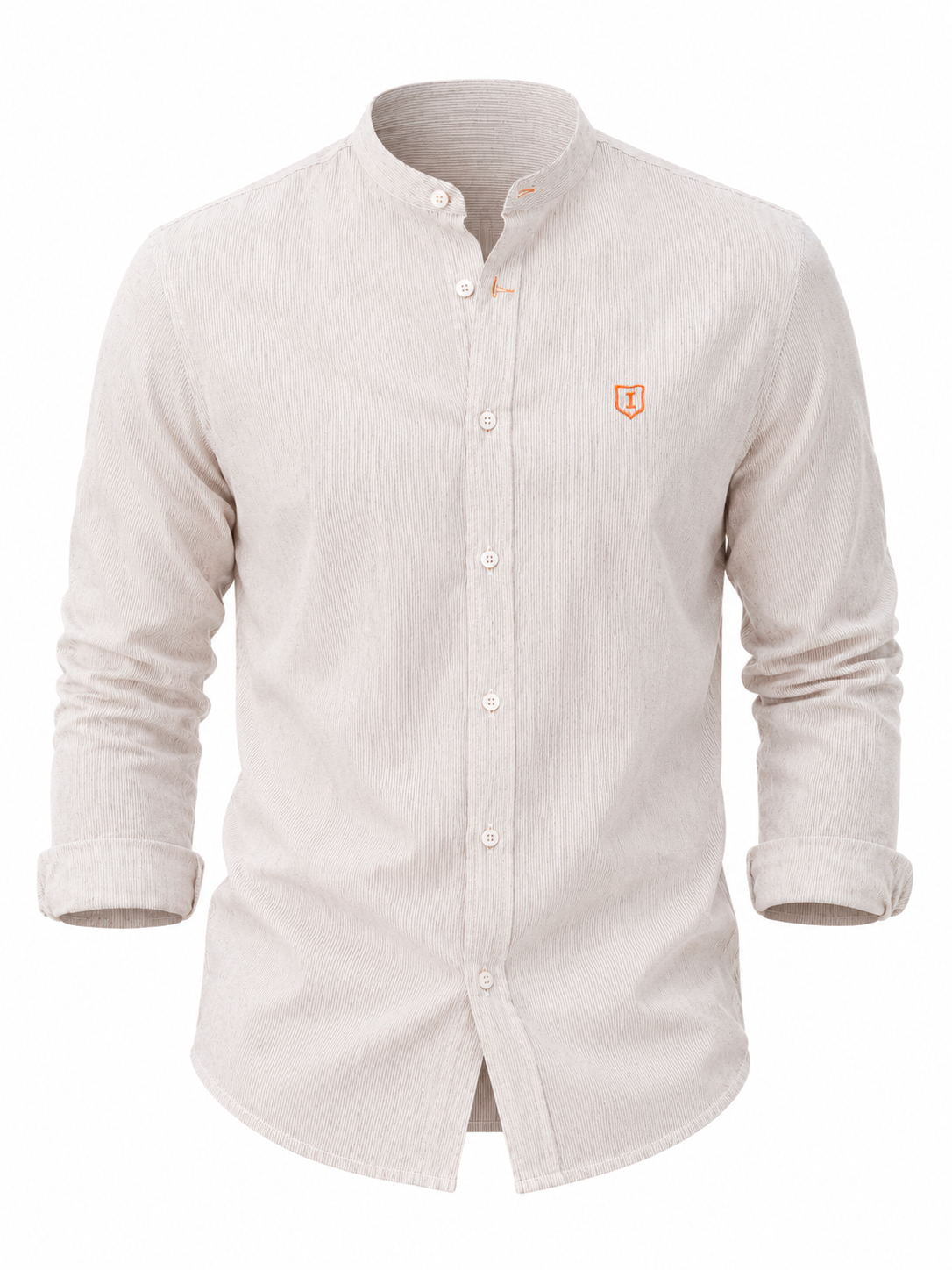 Camisa hombre manga larga cuello mao rayas beige