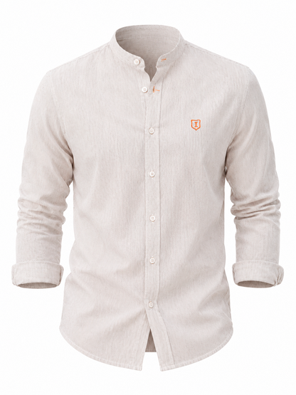Camisa hombre manga larga cuello mao rayas beige